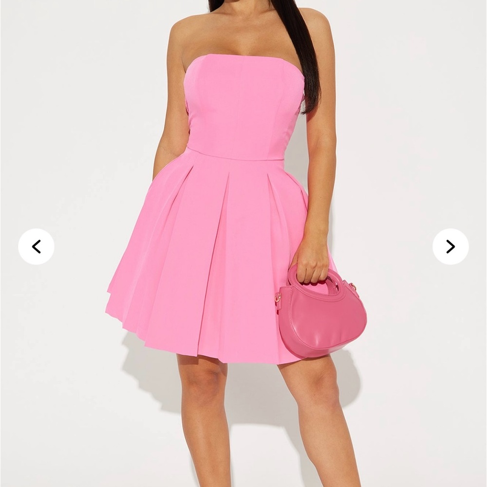 Strapless Lined Pink Pleated Mini Dress W/ pockets and Boning